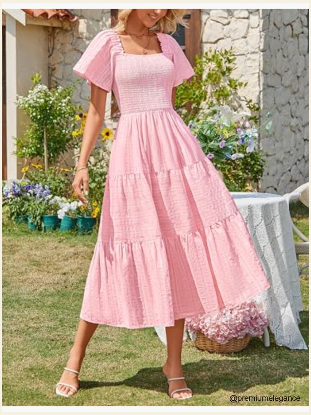 Summer Midi Dress with Pockets, Smocked Bust, Ruffle Tiered Boho Style - Picture 2 of 7